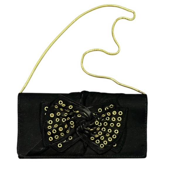 NWOT Nina Vintage Y2K Black/Gold Clutch w/ Bow Embellishment & Chain Strap - Picture 1 of 11